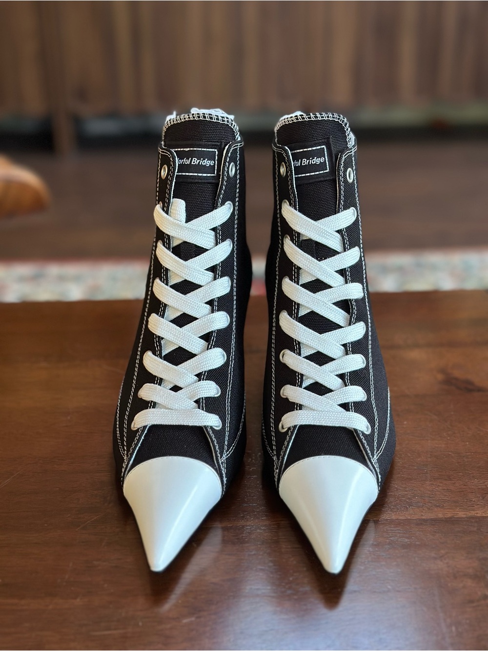 Pointed Toe High-Top Booties in Black and White by